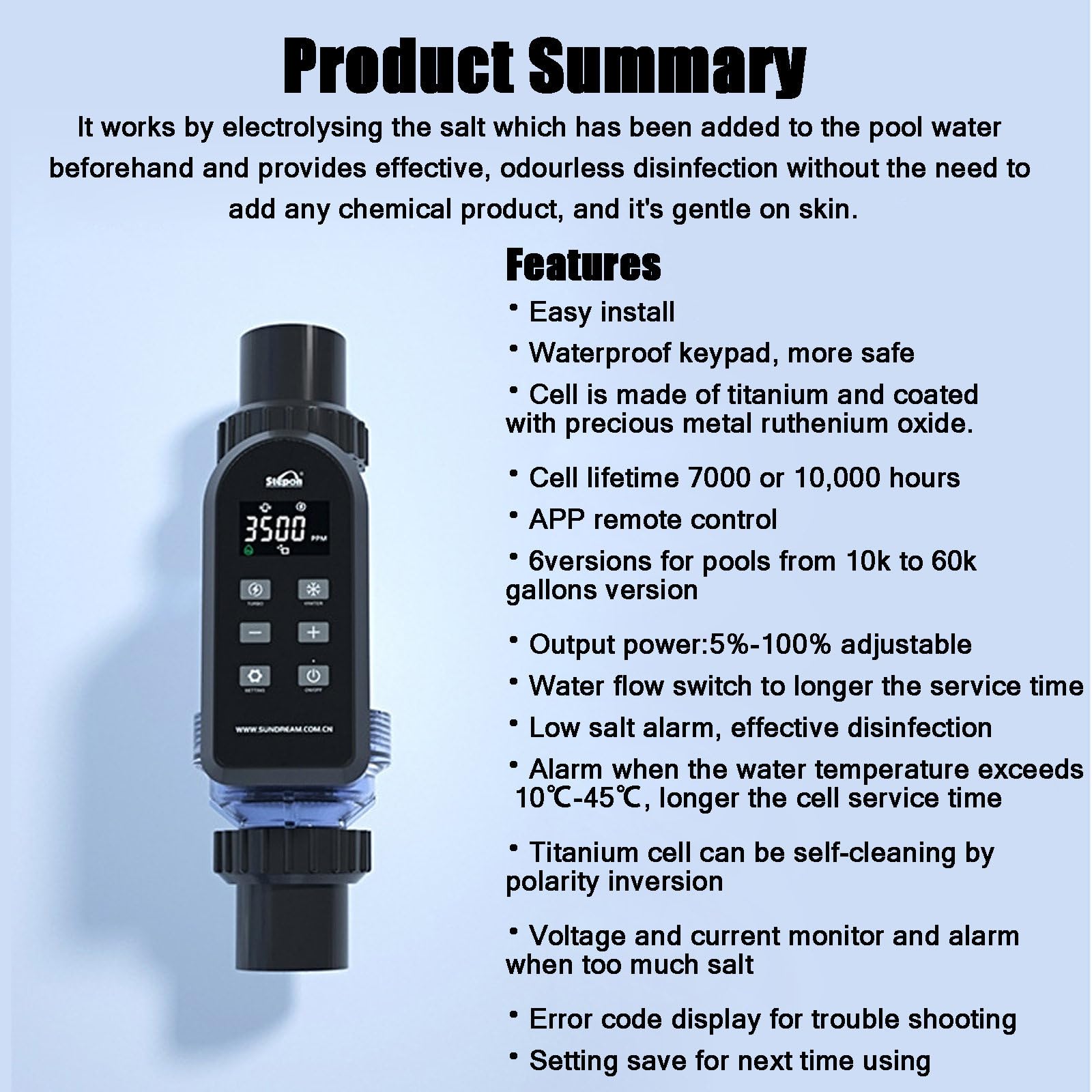 Système d'Électrolyse Au Sel pour Piscines, Générateur De Chlore Au Sel De Grande Capacité, Électrolyseur Au Sel avec Panneau Numérique Intelligent,withAPPcontrol-50g/h(40K~60K)