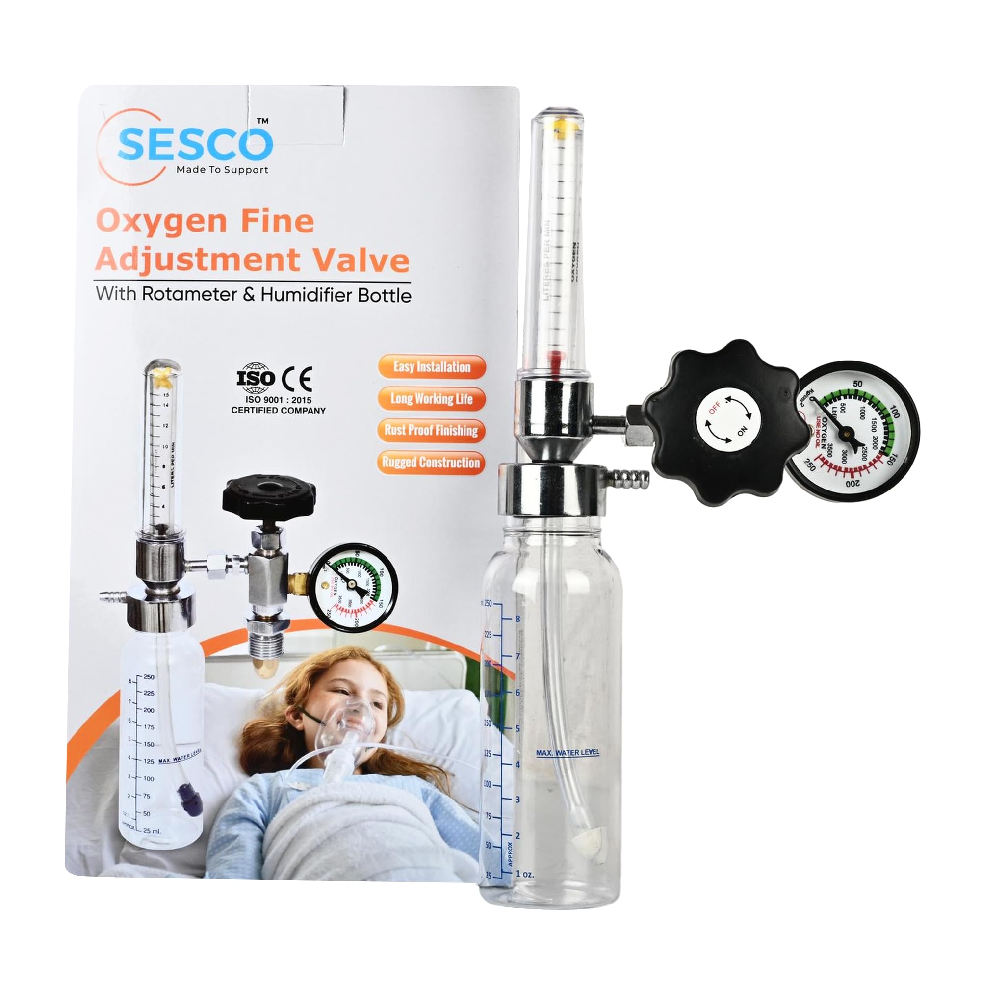 SESCO Medical Oxygen Flow Meter with Humidifier Bottle, Transparent Flow Tube, 18x16x6 cm-picture-21