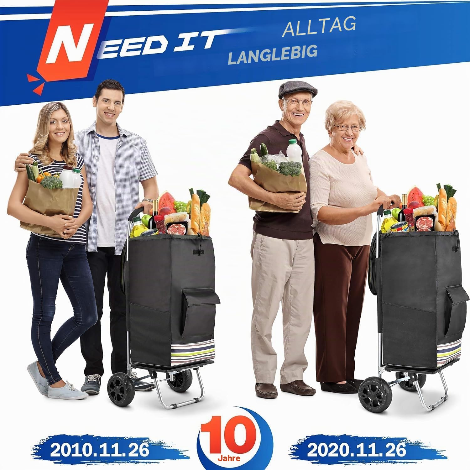 Einkaufstrolley, 75 l, faltbar, Einkaufstrolley, 2-in-1, Einkaufstrolley mit 2 Rädern, Einkaufstrolley mit Rahmen aus Edelstahl und Abnehmbarer Tasche aus wasserdichtem Segeltuch (schwarz)