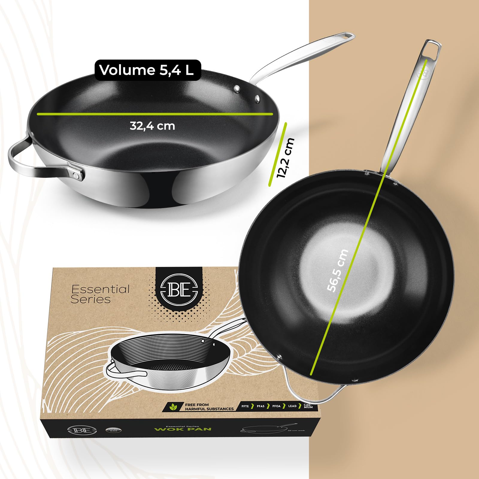 Be Living Sartén wok de acero inoxidable – Ø 32 cm – cerámica – inducción – sin PFAS, antiadherente – sartén – serie Essential
