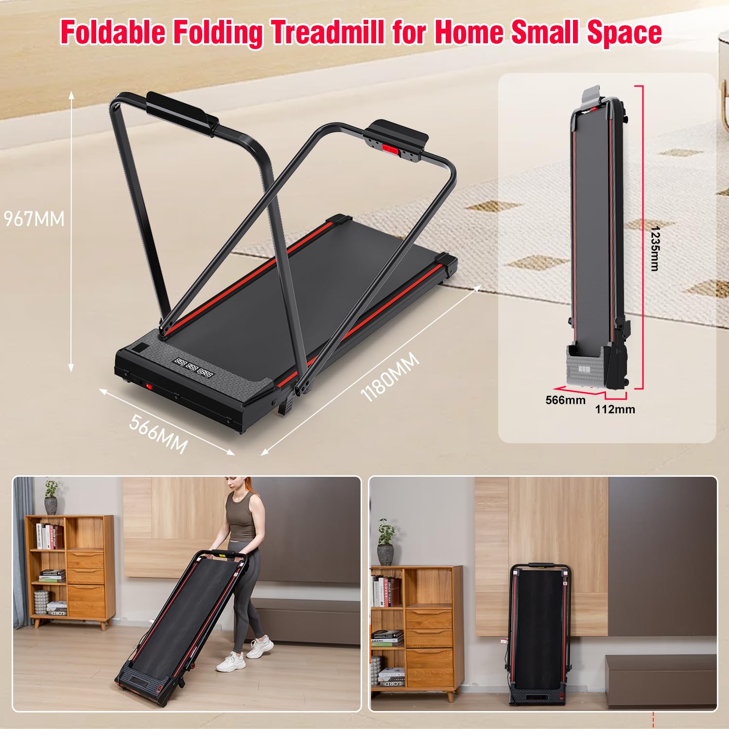 CITYSPORTS Tapis roulant elettrico per la casa con inclinazione, Tapis roulant pieghevole fino a 12km/h, con schermo LED e pannello pulsante rapido, senza installazione (Black Red)