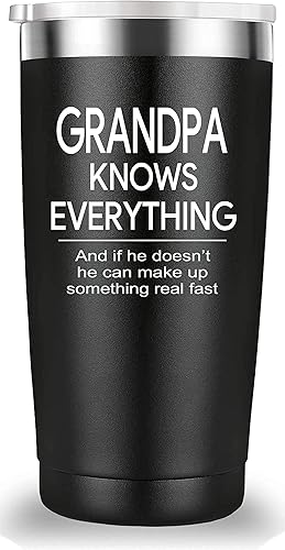 Vaso de viaje con texto en inglés "Grandpa Knows Everything" (Grandpa Knows Everything). Regalos divertidos para el Día del Padre, cumpleaños,