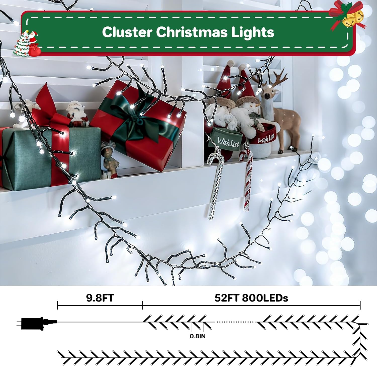 Christmas Cluster Lights Plug-in -52FT 800 LED Firecrackers String Lights,8 Modes Timer Waterproof Twinkle Fairy Lights for Christmas Tree Garland Party (Cool White)