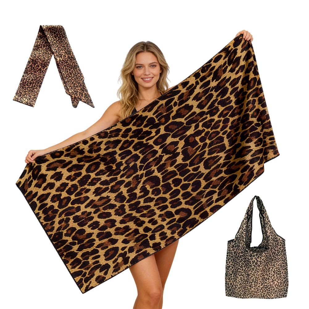 Vexthorion Brown2 Leopard Print Beach Towels For Adults Leopard Print Beach Towel Set 160X80cm-Includes Microfibre Quick Dry Towel,Swimming Bag,Neck Scarf,Lightweight For Swimming Pool Travel Sports Camping (Brown2)