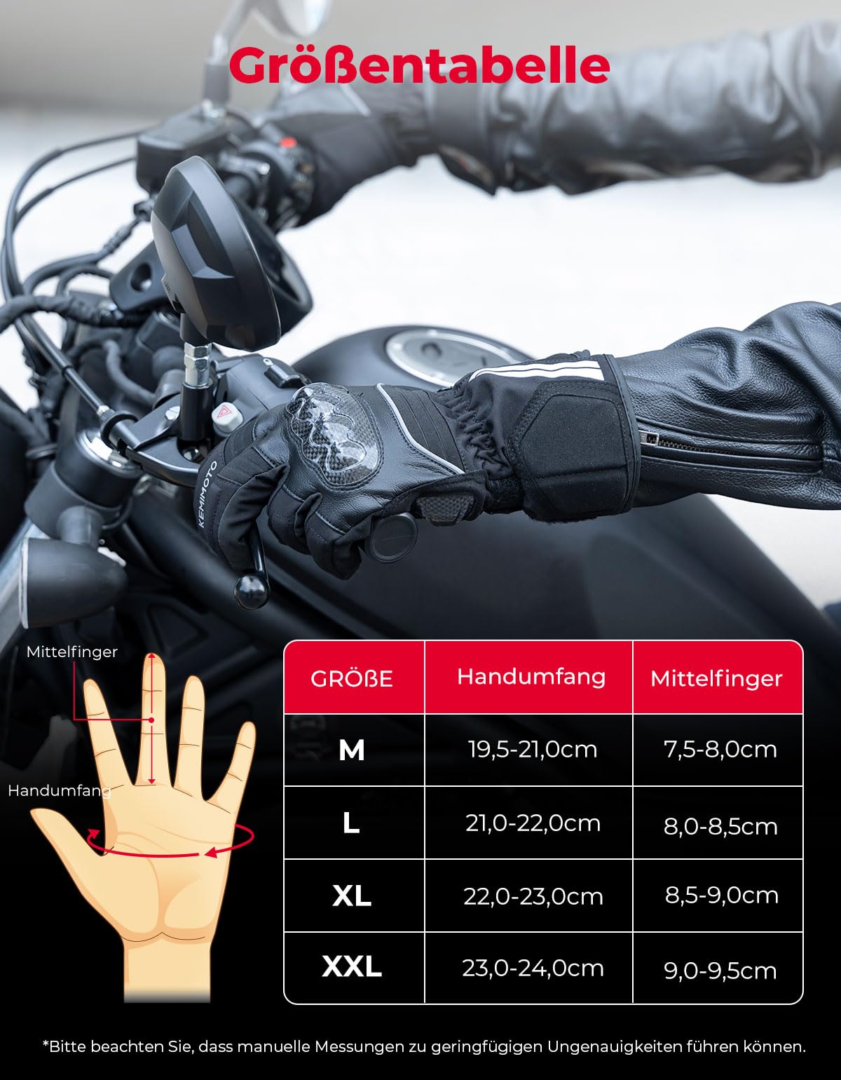 KEMIMOTO Winter Motorradhandschuhe, wasserdichte und Winddichte Motorradhandschuhe für 0°C~5°C, Verschleißfeste Handschuhe mit Kohlefaserschale,Touchsreen Winter Thermo Handschuhe für Skifahren