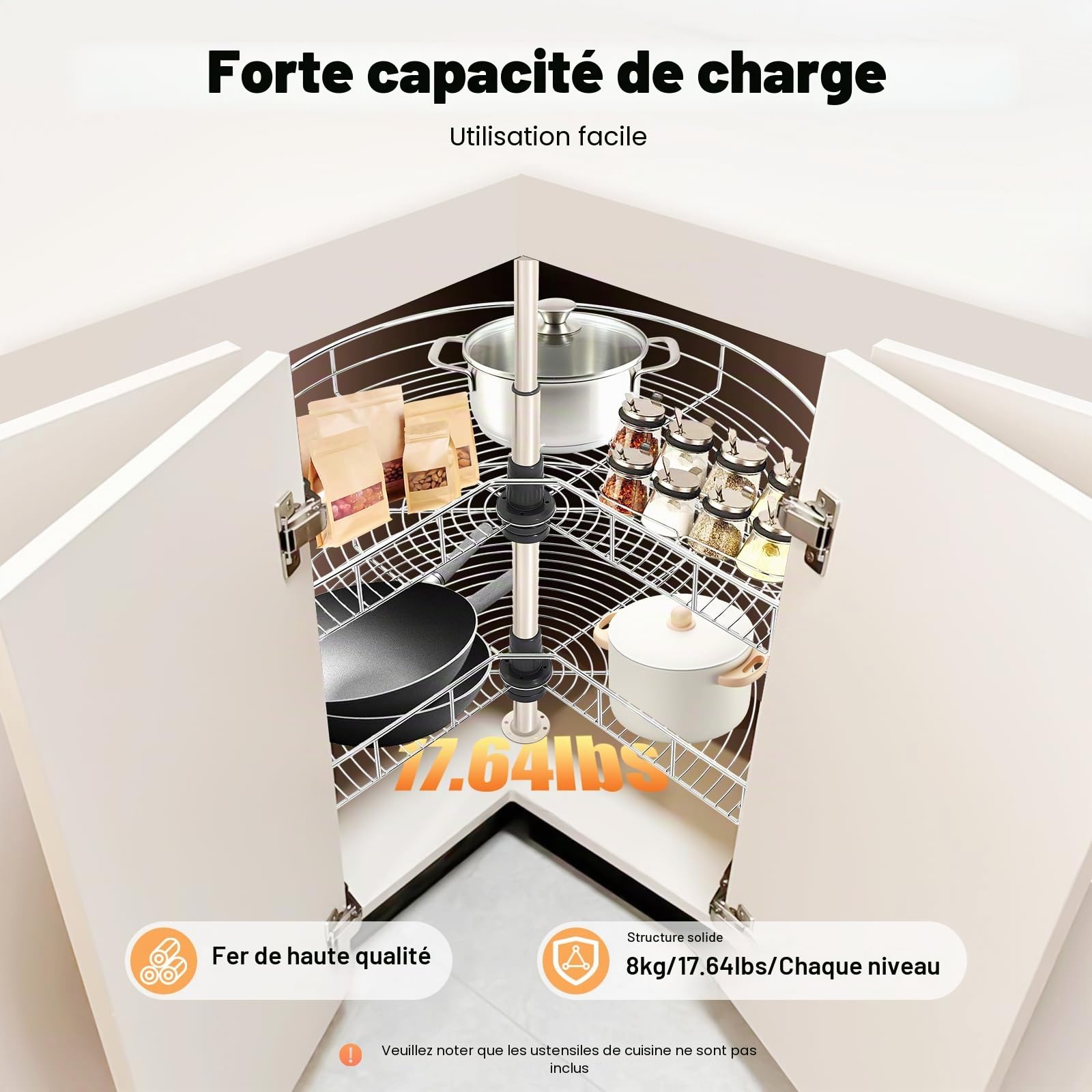 Carrousel - armoire d'angle de cuisine - Panier rotatif à 270° - Double couche - Hauteur réglable (54,4 à 77 cm) - Carrousel d'armoire pour cuisine