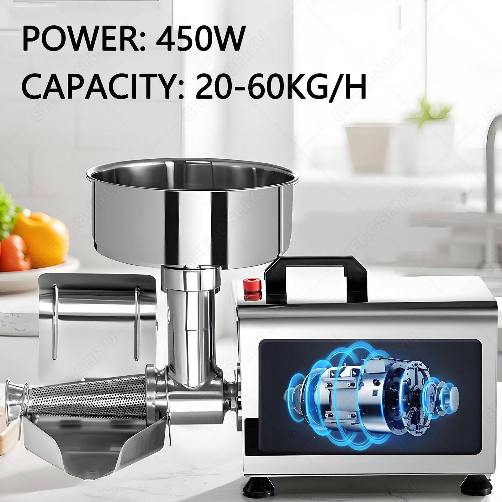 Passapomodoro Elettrico, Pressa Commerciale per Passapomodoro Da 450w | Resa 20‑60kg/H, Pressa per Frutta, Spremipomodoro, Salsa per Fragole, Filtro per Separare Sansa e Polpa di Frutta