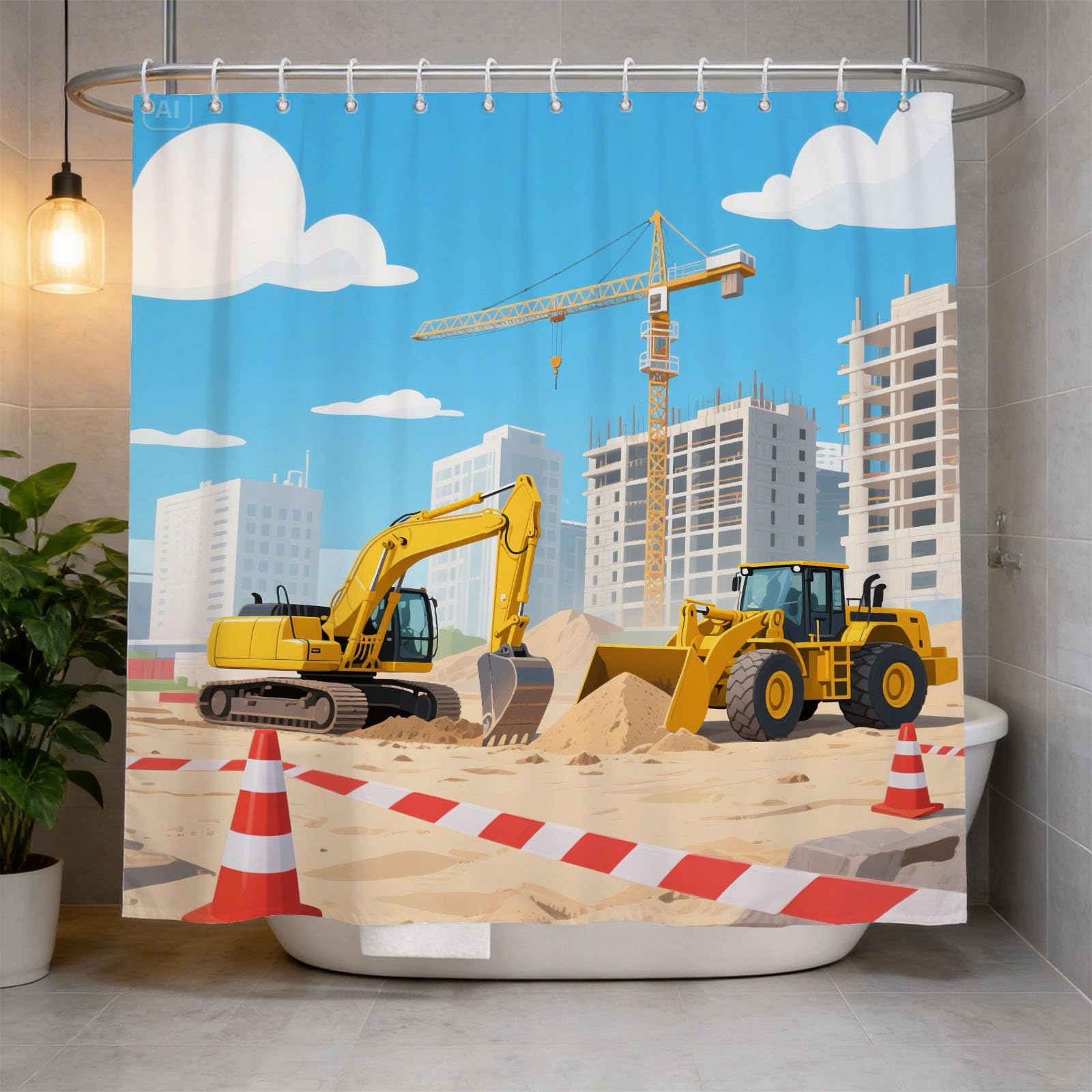 Hongduo 3D Construction Machinery Shower Curtain for Stalls Bathtubs Excavator Bathroom Decor Shower Curtain Set Polyester Fabric Waterproof 180x180cm/71X71 Inch with Hooks