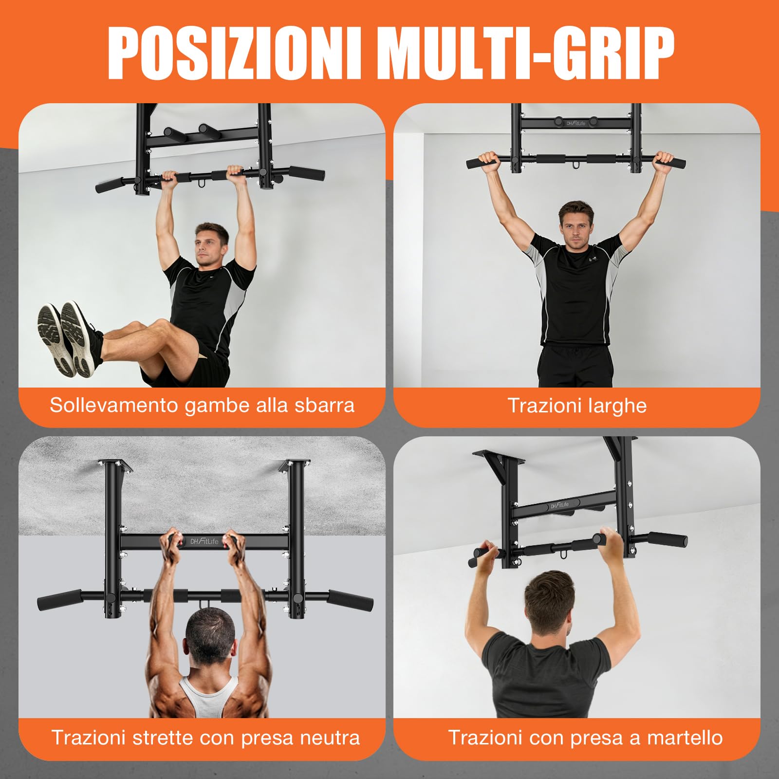 DH FitLife Sbarra per Trazioni da Soffitto 4 in 1 fino a 300 kg, Pull Up Bar Multifunzione per Home Gym, 8 Impugnature Antiscivolo, 3 Occhielli per Sacco da Boxe & Sling Trainer, Stabile & Sicura