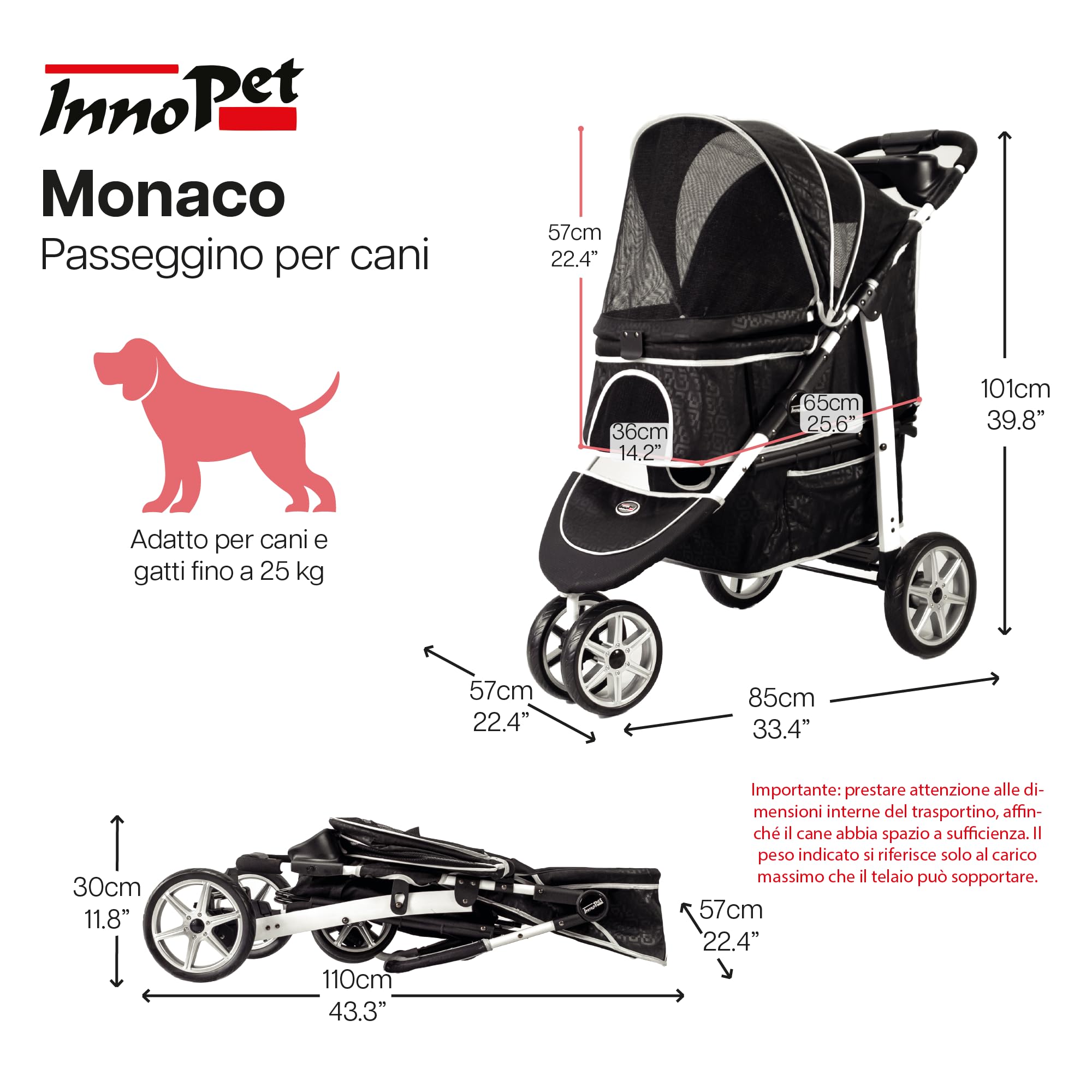 Innopet Monaco Passeggino per cani e gatti nero con copertura antipioggia, capacità 25 kg, pieghevole con una sola mano - Cestino portaoggetti convertibile - Cuscino double face