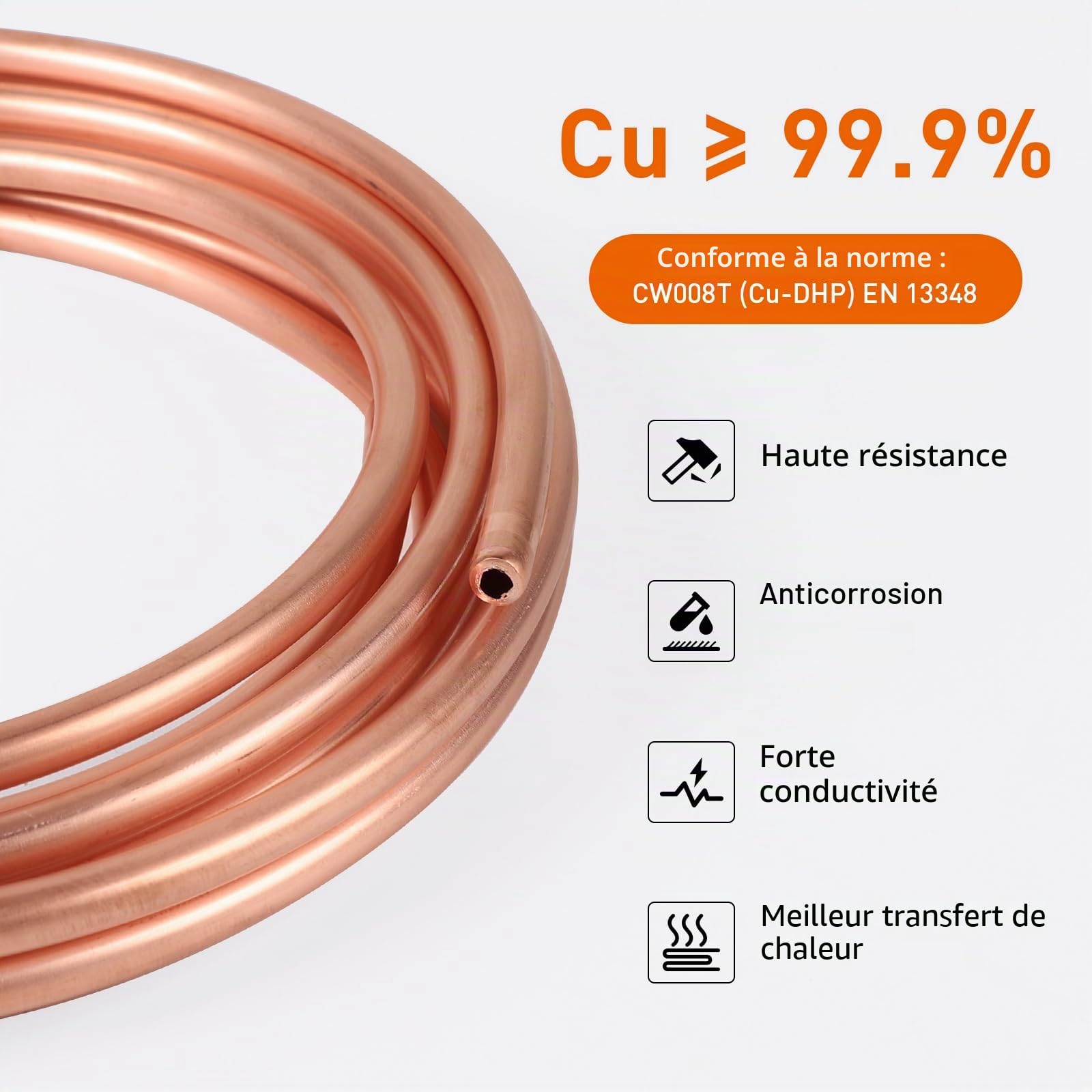 Tube rond en cuivre souple - Longueur : 5 m - Diamètre : 8 mm - Épaisseur : 1 mm - Pour générateurs, rails, appareils de commutation