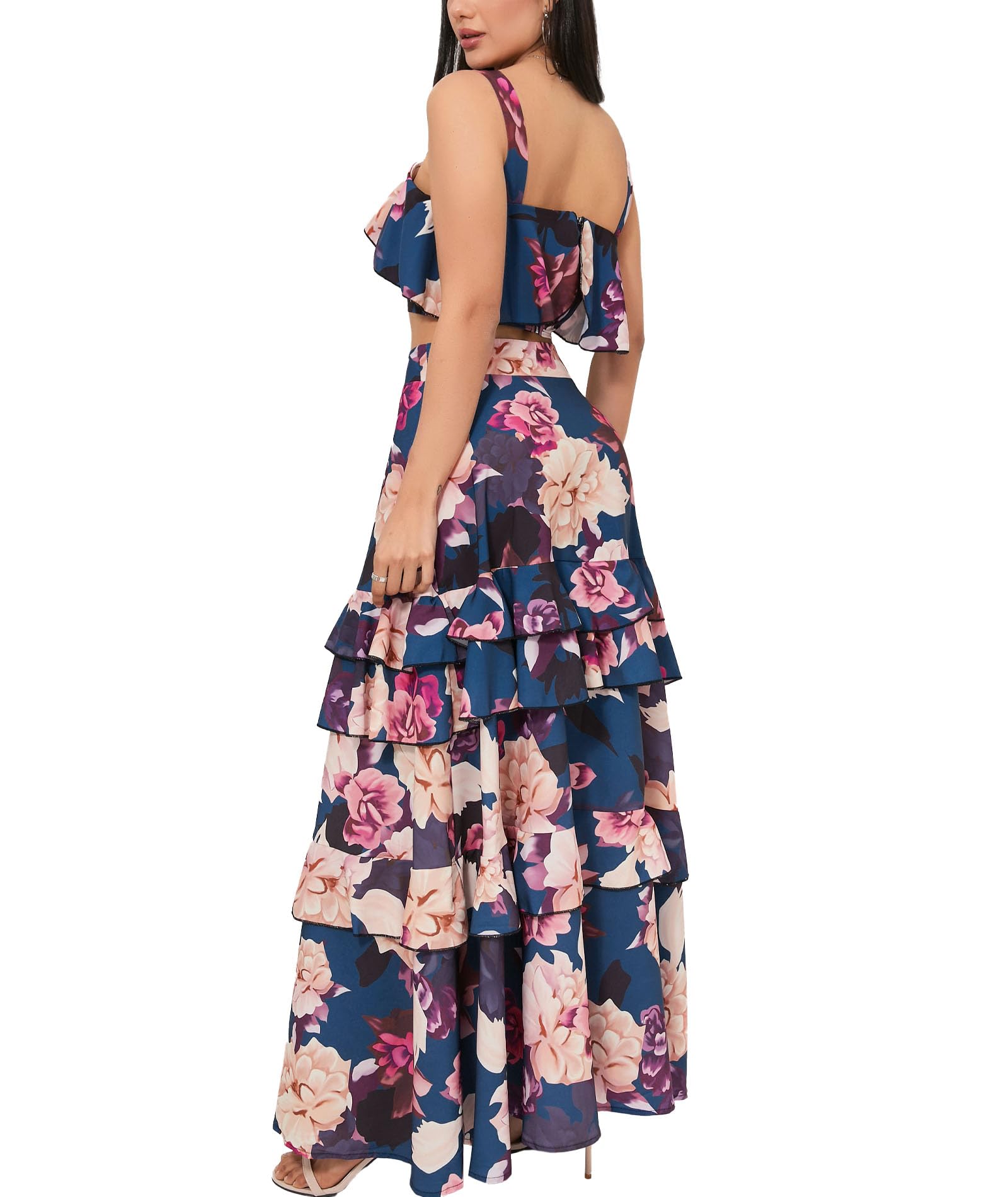 SOMTHRON Conjunto de 2 piezas de verano para mujer, vestido largo con estampado floral y falda con volantes escalonados