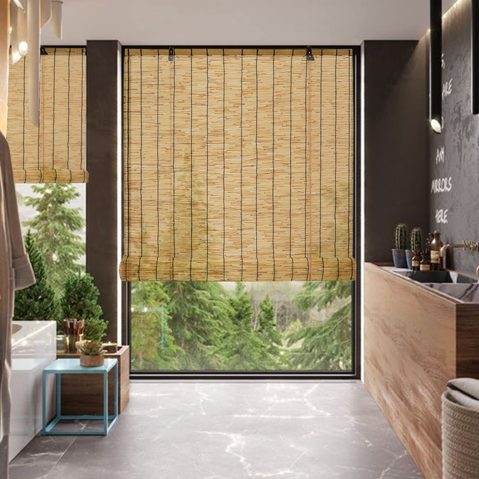 Store en bambou pour terrasse extérieure et rideau en roseau naturel filtrant la lumière