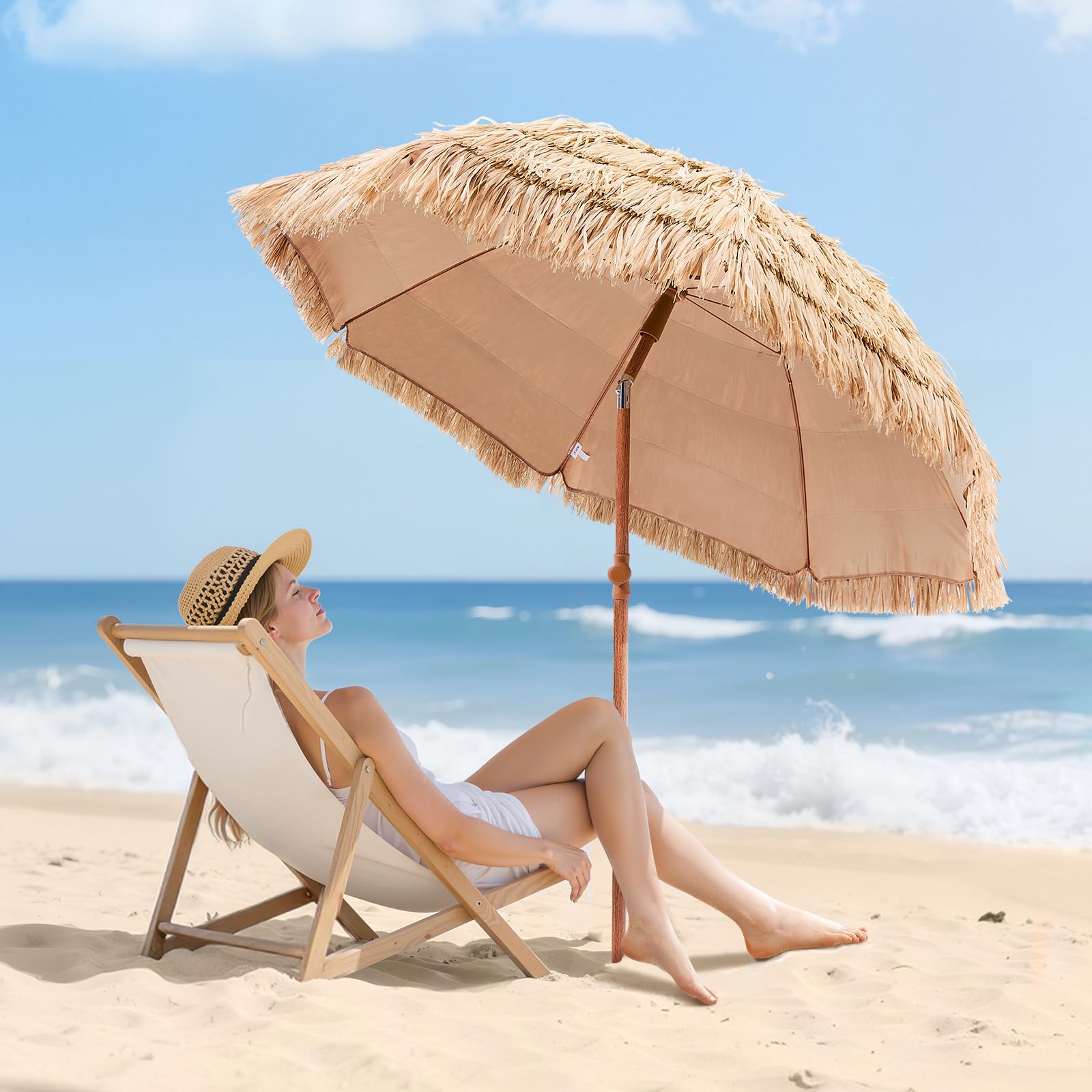 VEVOR Ombrello in paglia Hawaii, 2 m, inclinabile, ombrellone da spiaggia con paglia PP e 8 barre in metallo, ombrellone da giardino, ombrellone da mercato, ombrellone da terrazza, bordo piscina