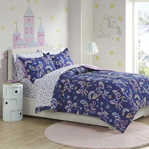 Mi Zone Kids Leah - Juego de edredón para cama en una bolsa, diseño de Pegaso arcoíris en el espacio, para todas las estaciones, hipoalergénico,