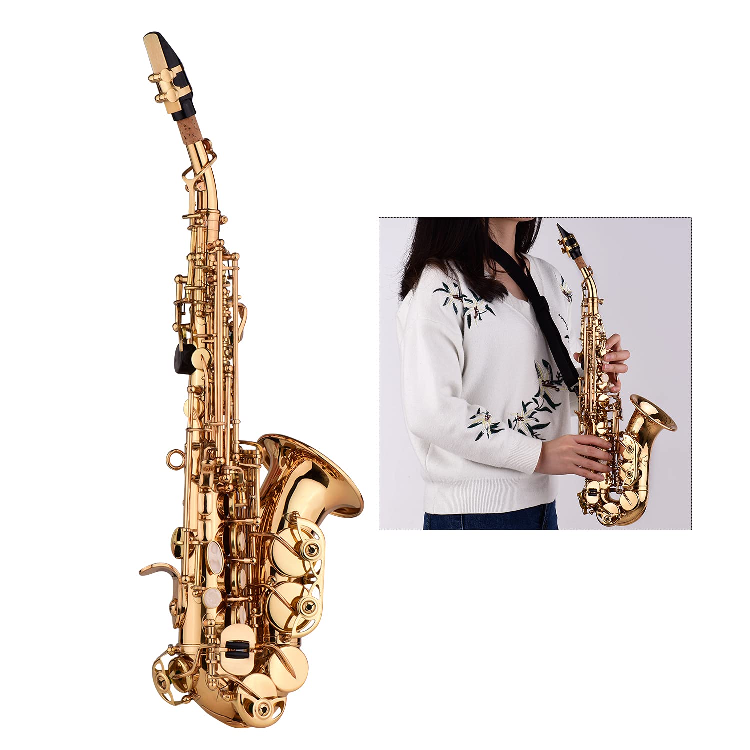 Sassofono soprano,KOCAN Mini sassofono soprano in Sib Sax Materiale in ottone Superficie laccata dorata Strumento a fiato con custodia per il trasporto Guanti Panno per la pulizia Pennello Ance Cinghi