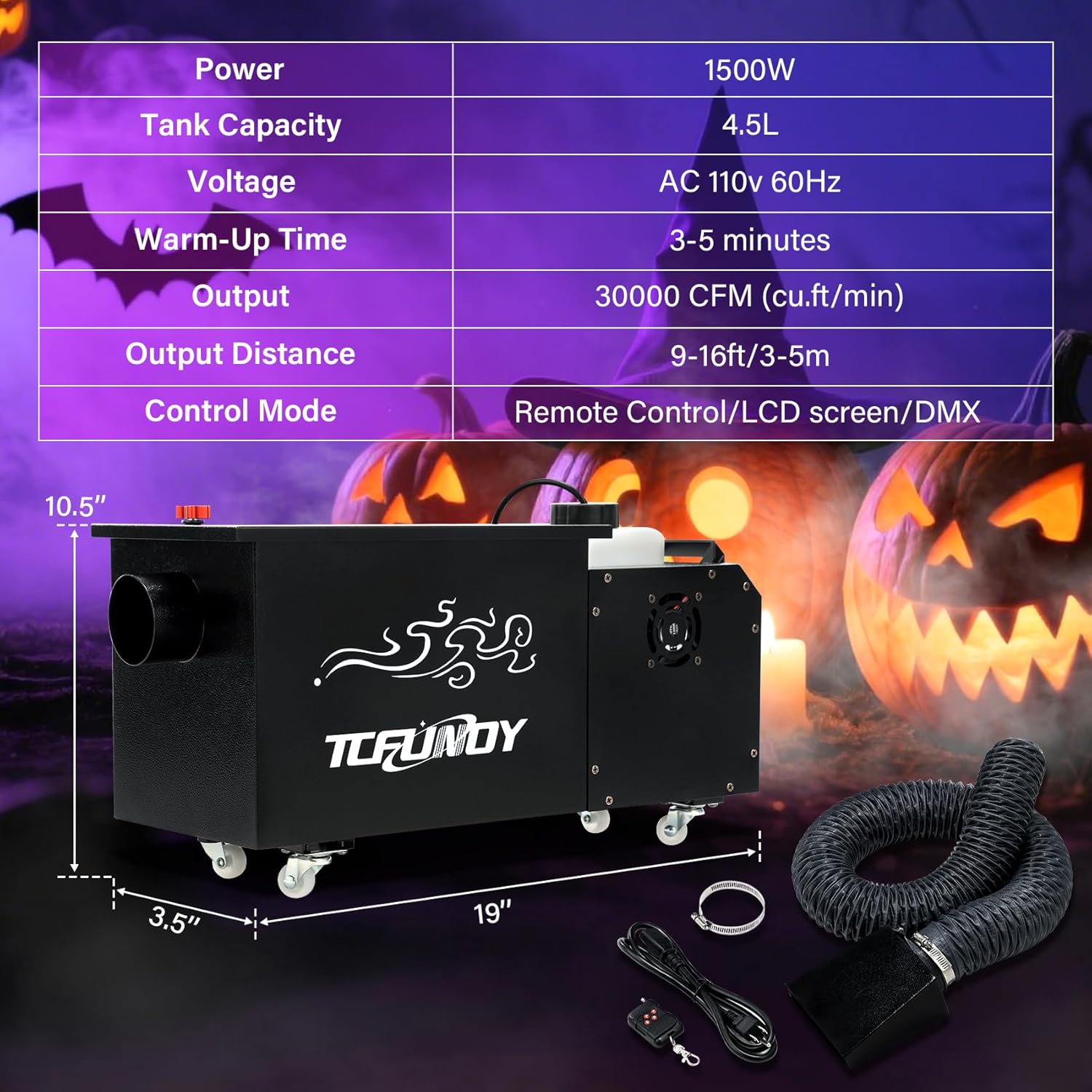 Table of specifications and dimensions for the TCFUNDY fog machine