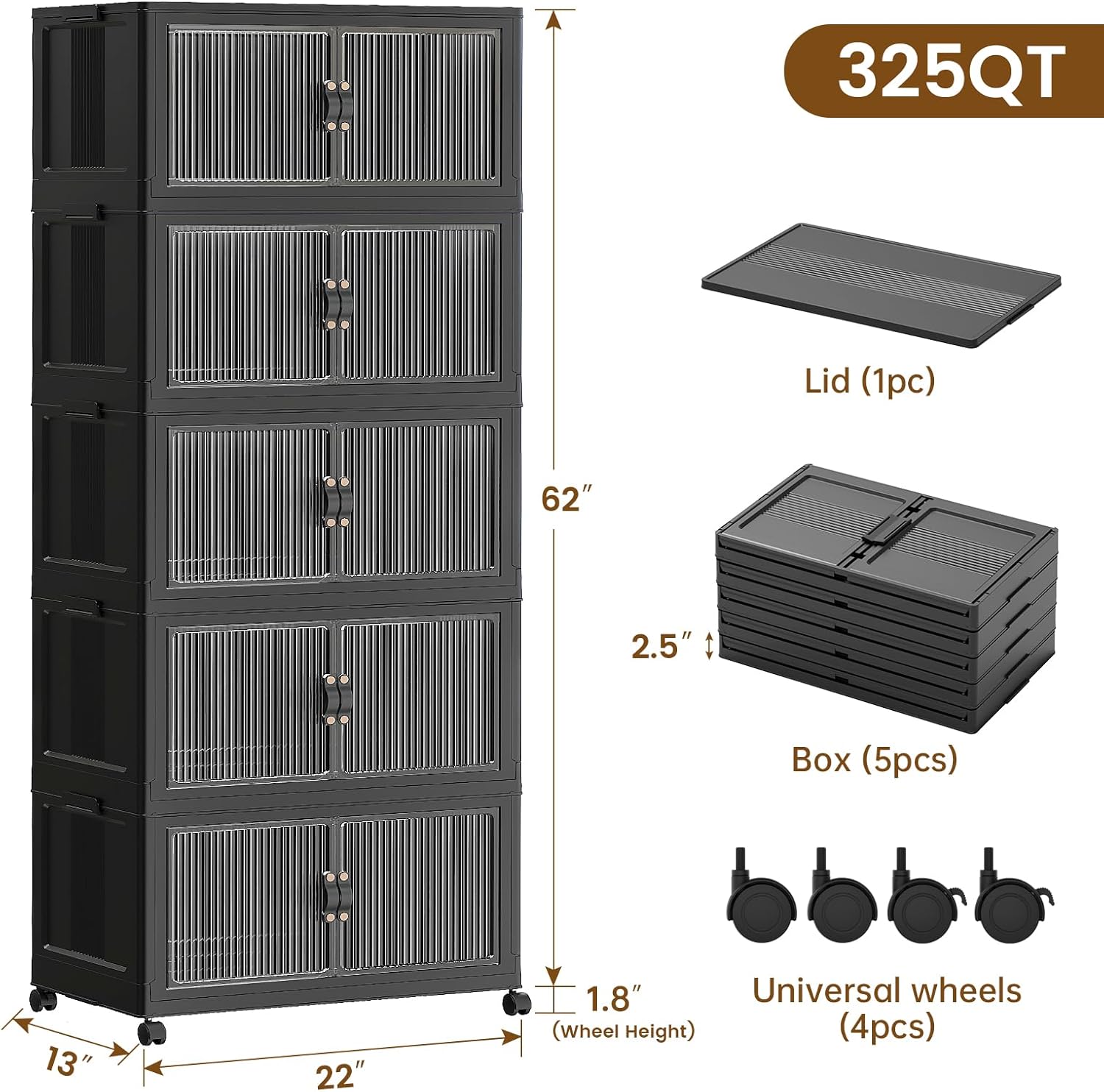 sailun 81gal/325qt stackable storage bins folding collapsible storage bins with lid, closet organizers and storage box with door black 22" w x 13" d x 62" h 1 lid 5 pack-22" w x 13" d x 62" h black