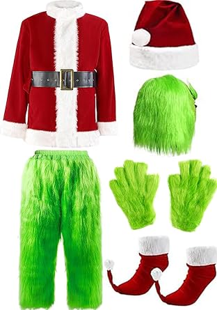 QwayHome Christmas Green Costume for Adult, 7Pcs Deluxe Green Santa Cosplay Furry Suit with Mask for Men Women