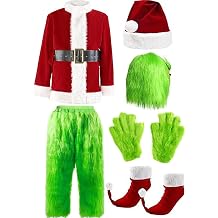 QwayHome Christmas Green Costume for Adult, 7Pcs Deluxe Green Santa Cosplay Furry Suit with Mask for Men Women