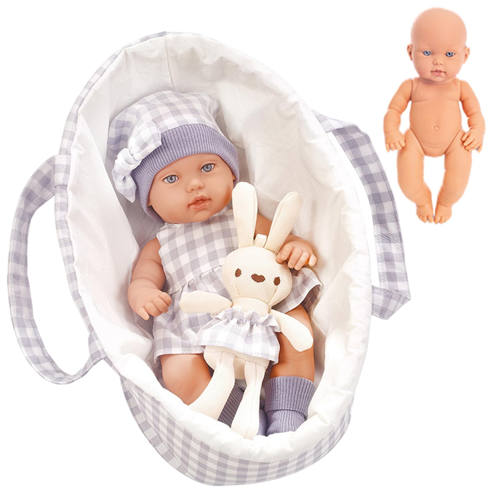 Muñeca bebé de 12 Pulgadas, Juego de Accesorios realistas para muñeca bebé, Incluye Cuna portabebés y Juguete de Conejito para niños pequeños de 3 años en adelante, Color Morado