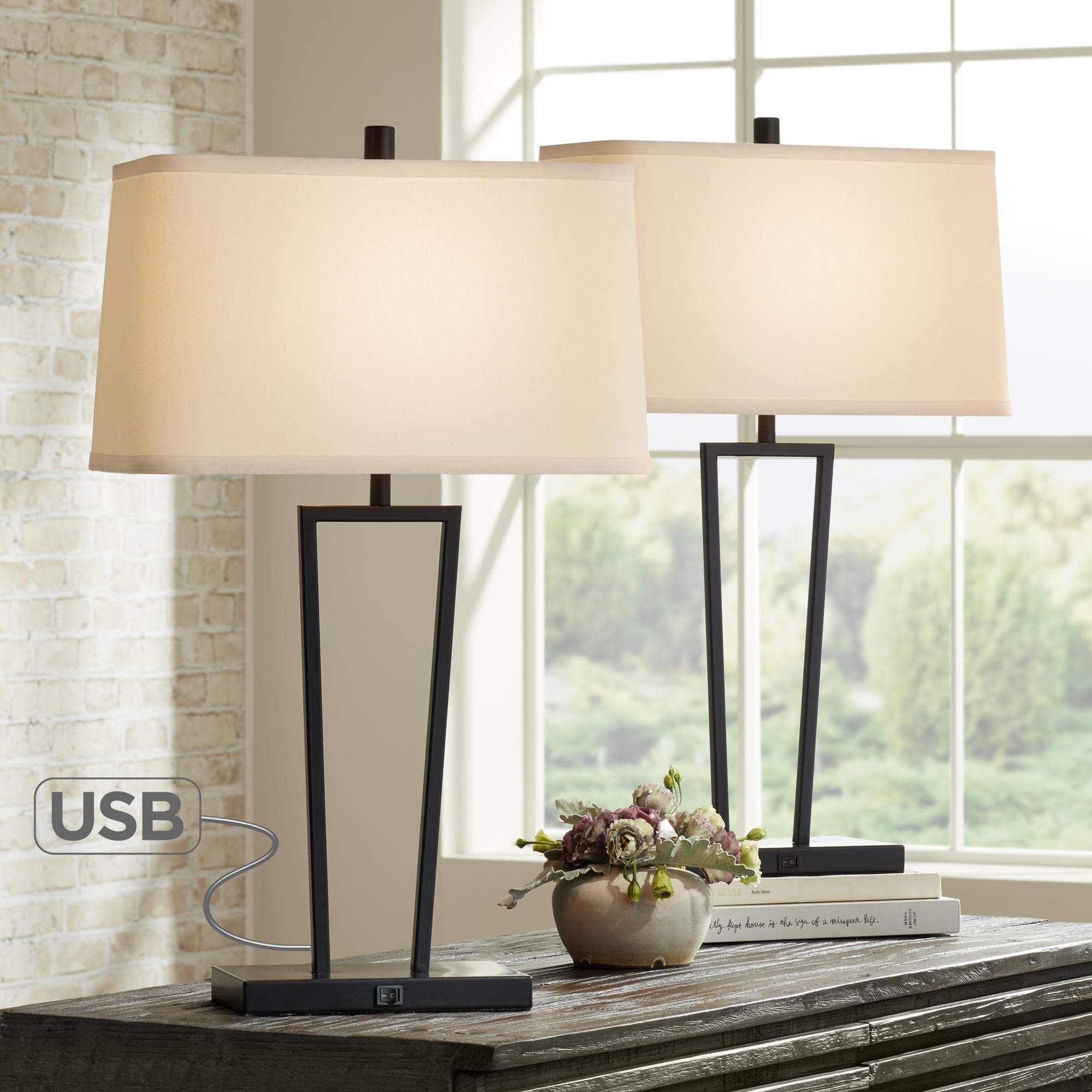 Cole Modern Minimalist Table Lamps 27" Tall Set of 2 with USB Charging Ports Black Metal White