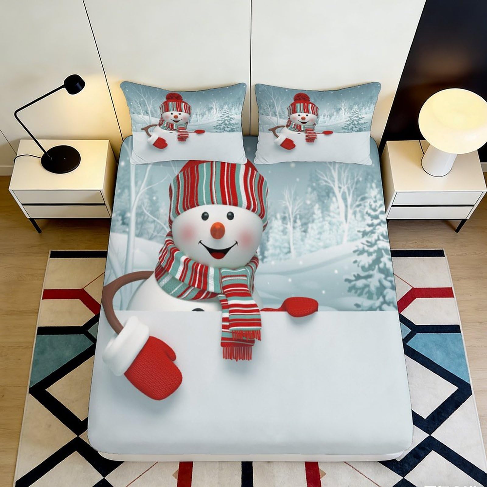 3D Printed Snowman Winter Fitted Sheet Microfiber Soft Christmas Forest Bed Cover for Bedroom Guest Room Decor 90x200x25cm