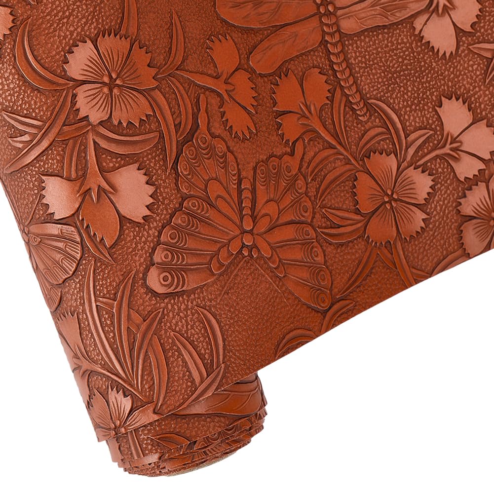 CALFOVERA 1.37×0.3M Synthetic Material Leatherette Roll Brown Embossed PU Leather Sheets Textured Vintage Floral Pattern PU Leather Fabric for DIY Earrings Upholstery Sewing Crafts Making