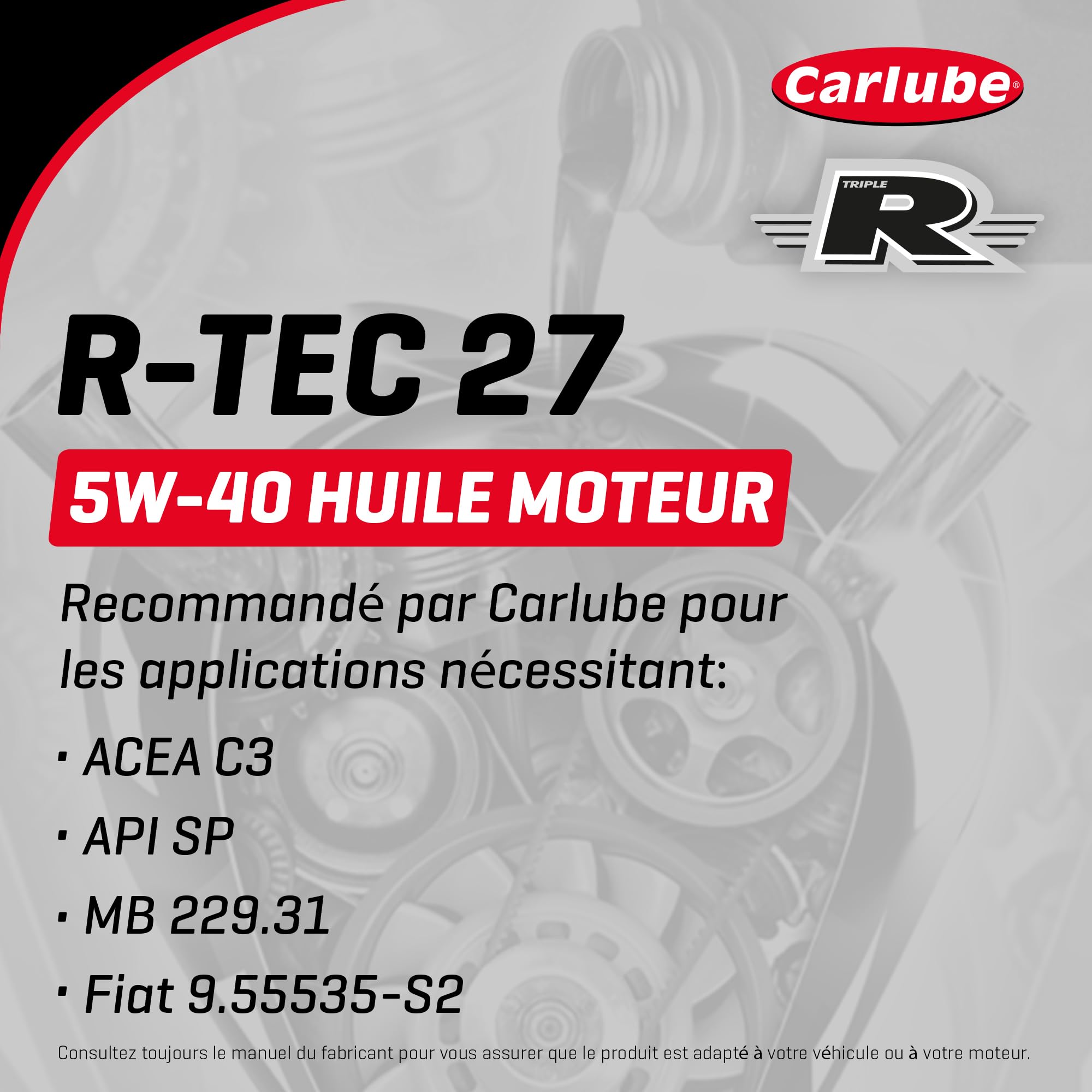 CarLube Triple R 5W-40 C3 Low Saps huile 100% synthétique R-TEC 27, 5 L