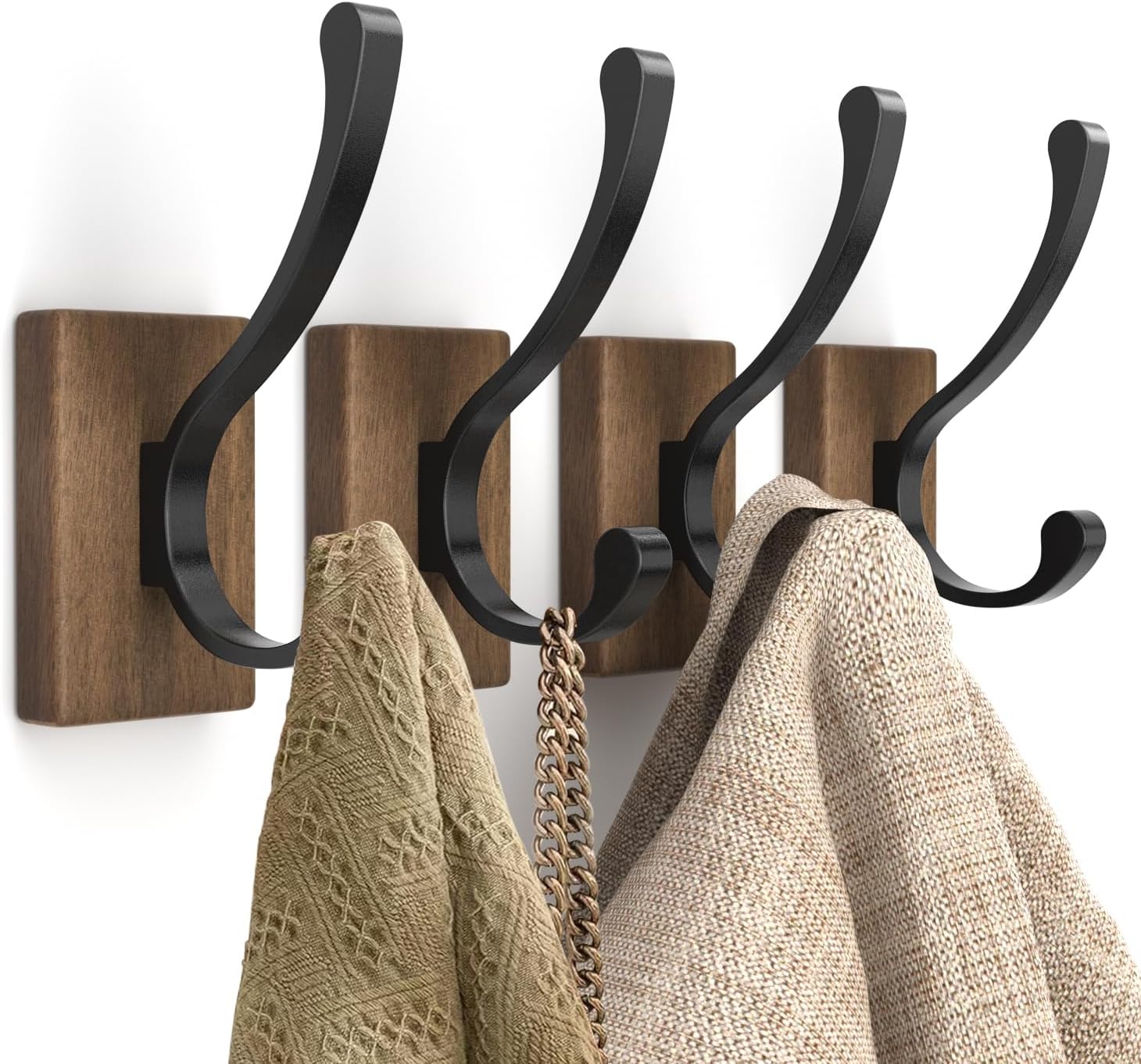 bussdis Wood Wall Hooks for Hanging - 4 Pack Hooks Wall Mounted, Wooden Rustic Farmhouse Heavy Duty Towel Hooks, Hooks for Coats, Towel, Hat, Keys, Purse, Bag and Robe