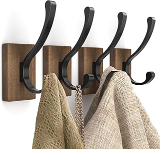 Wood Wall Hooks for Hanging - 4 Pack Hooks Wall Mounted, Wooden Rustic F...