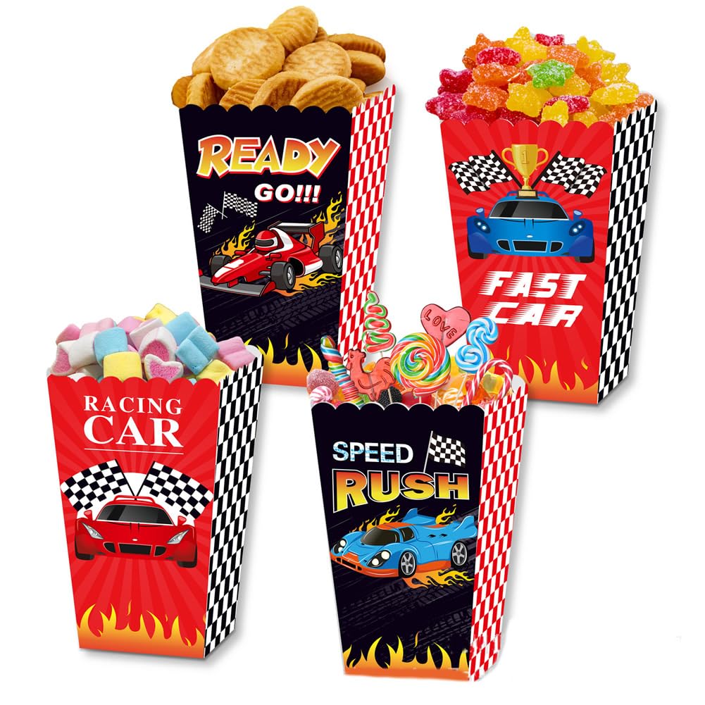 12pcs Race Car Popcorn Treat Boxes Candy Cookie Container for Race Car Birthday Party Supplies Monster Truck Racing Theme Party Decorations