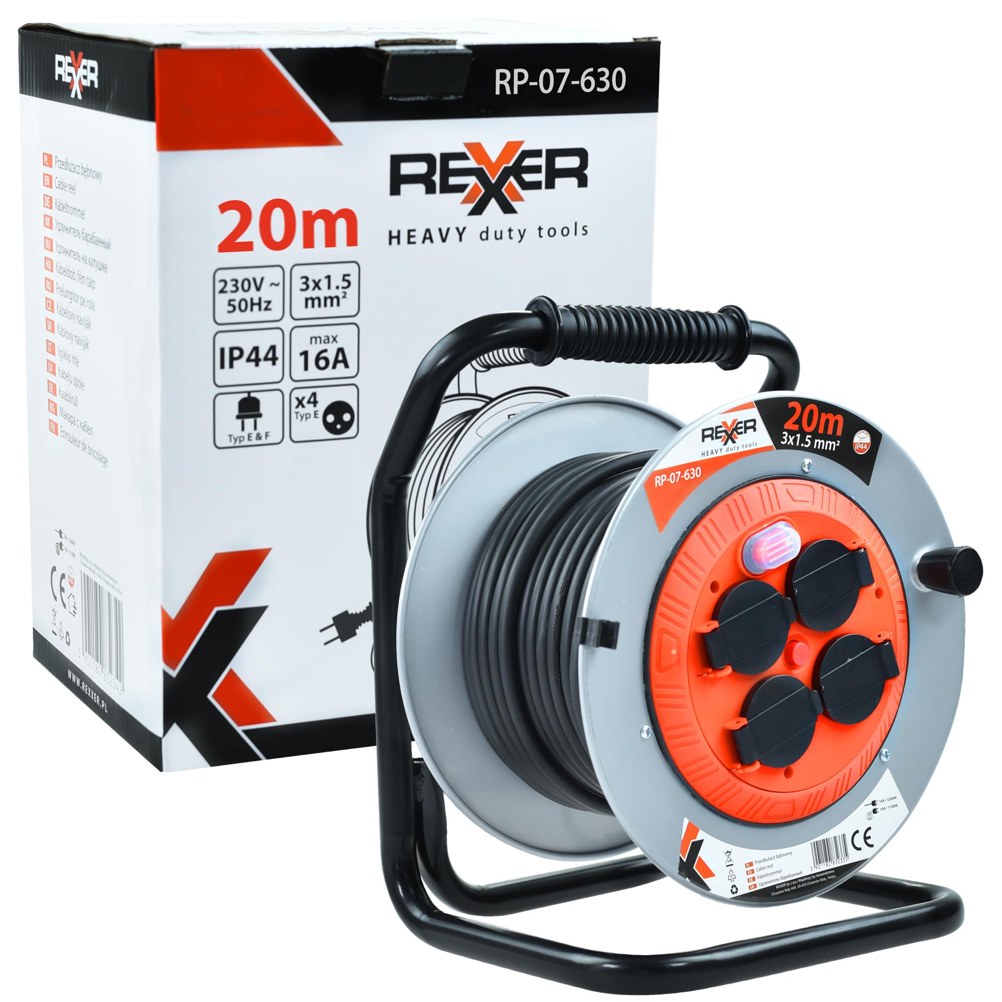 REXXER - Carrete de cable (20 m, metal, IP44, 4 enchufes, tipo E)