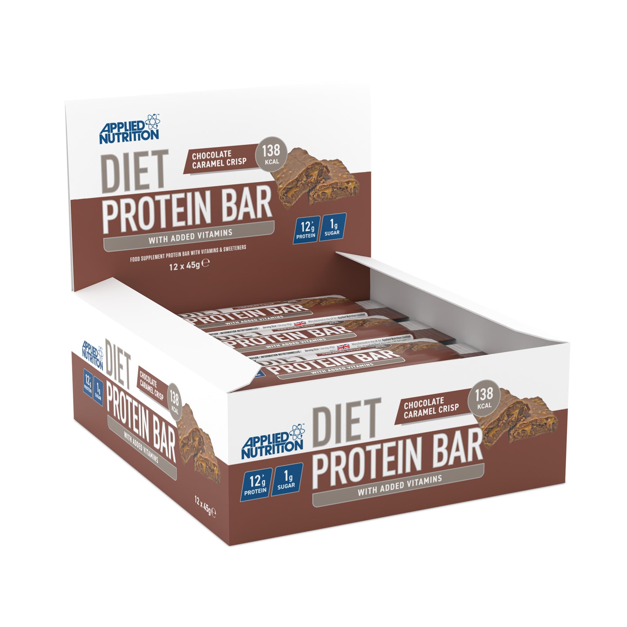 Applied Nutrition Diet Protein Bar, High Protein, Low Sugar Protein Snack Bar with Added Vitamins - Chocolate Carmel Crisp (12 x 45g)