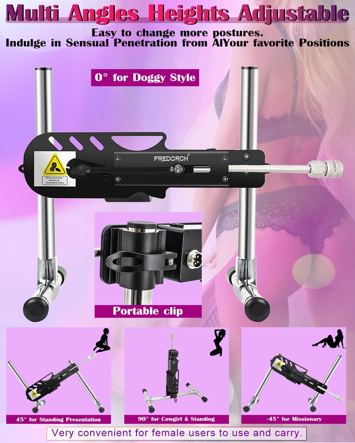 FREDORCH FR2-KX Sex Machine showing various adjustable angles for different positions