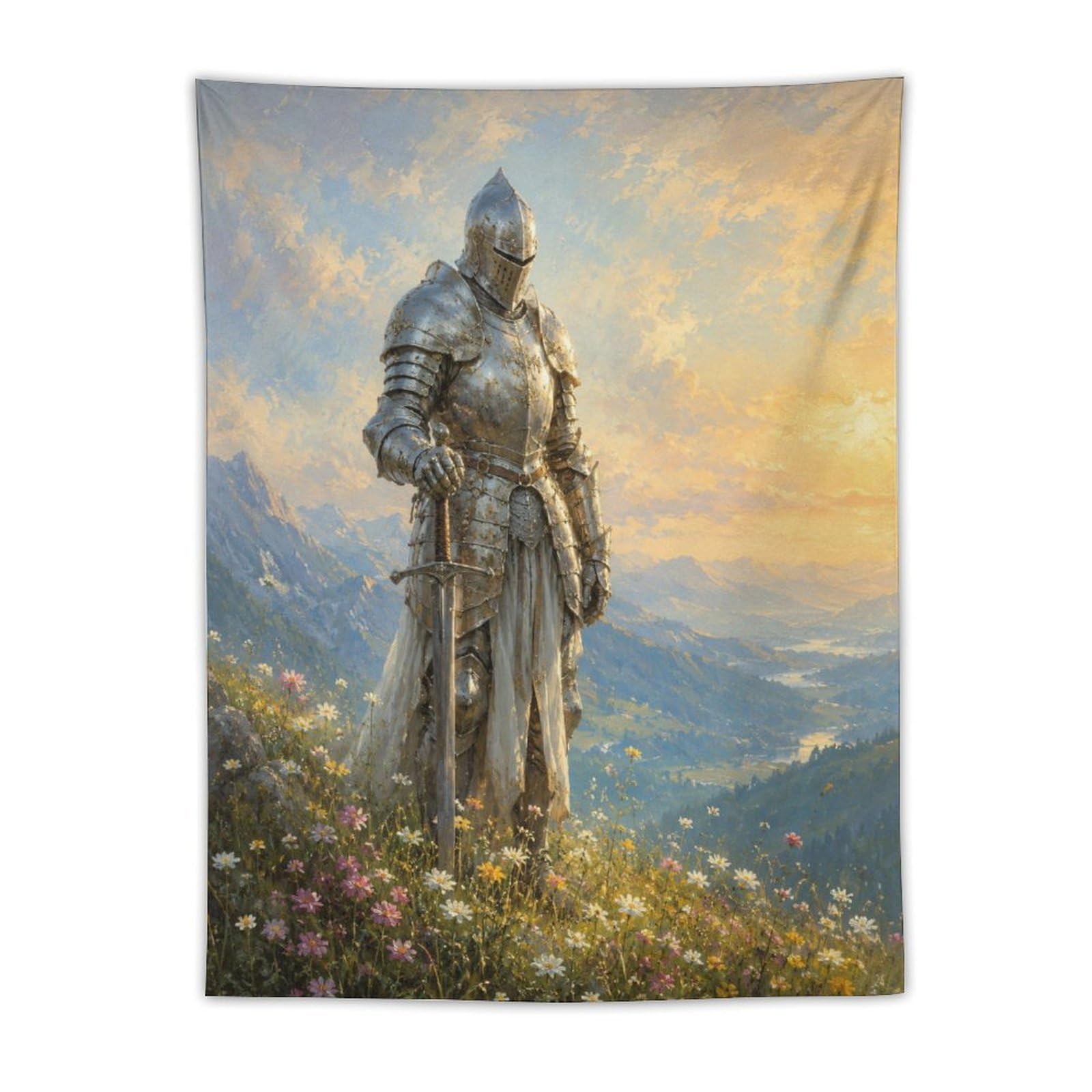 W7C8U2X3 Medieval Knight Mountain Wall Tapestry, Renaissance Art