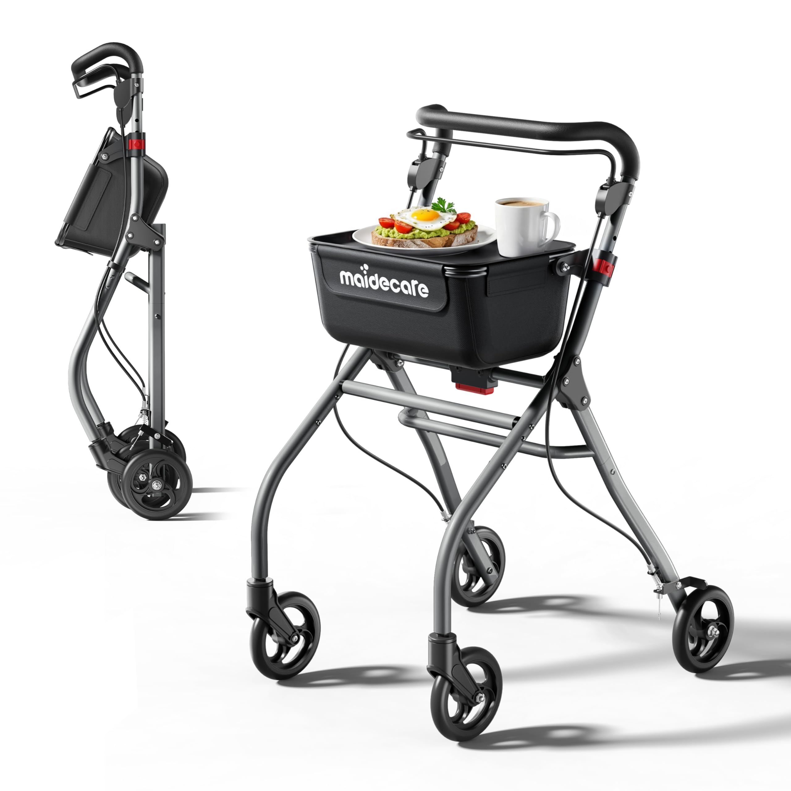 Andador para Ancianos, Andador Plegable con Asiento para Personas Mayores, Estrecho para Apartamento, Modelo de Interior Plegable y Ligero con Bandeja y Bolsa de Tela, 4 ruedas, Aluminio, Plata