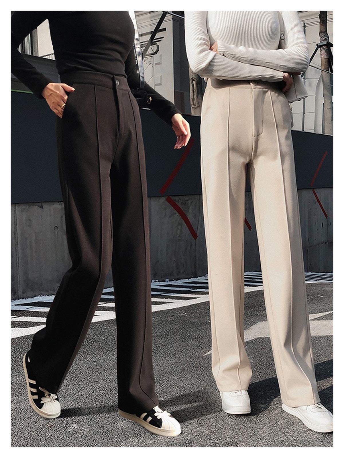 Pantalones de pierna ancha que caen otoño e invierno de invierno pantalones rectos de la cintura alta versátil pantalones de trapeadores sueltos versátiles