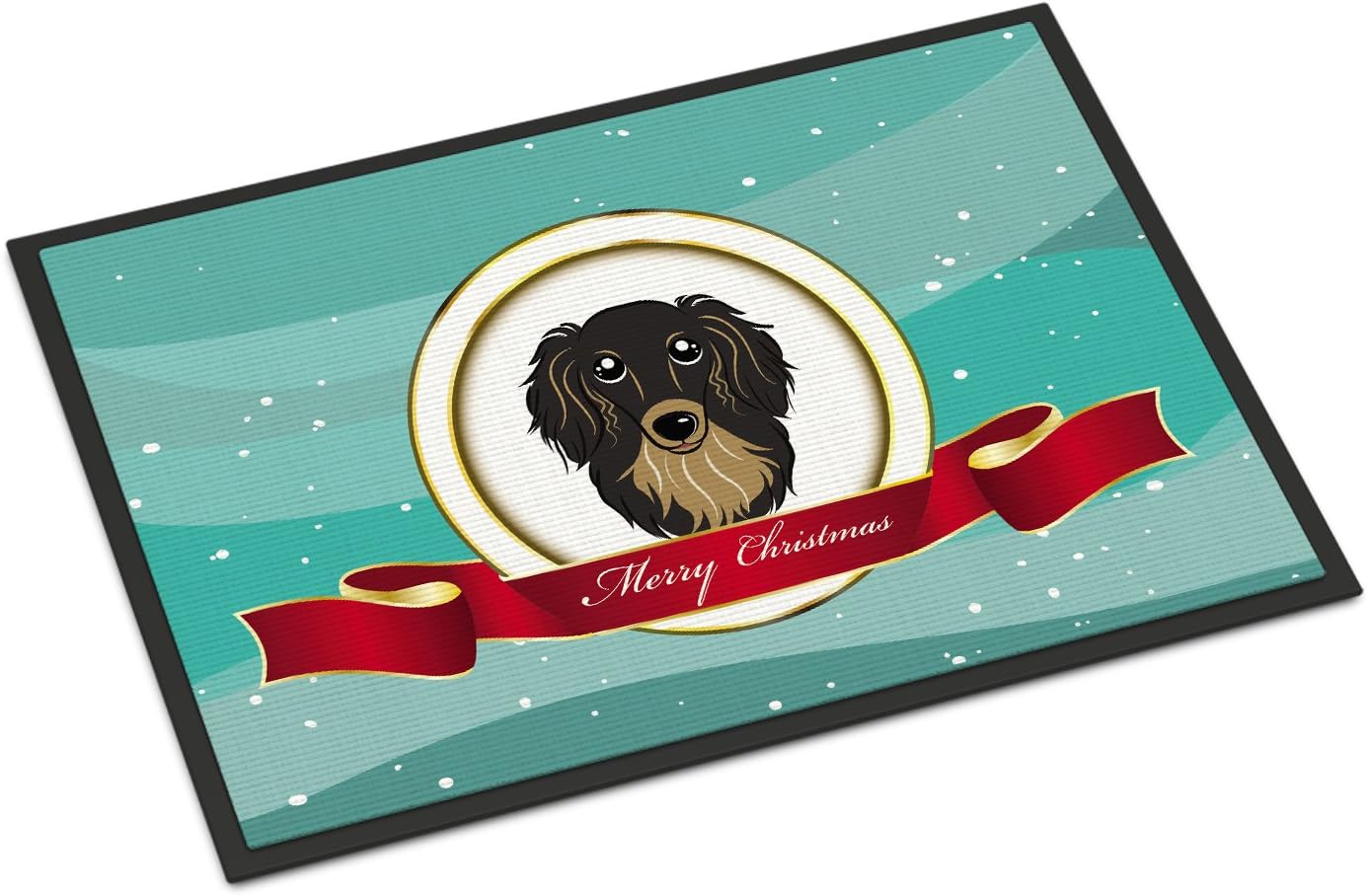 Caroline's Treasures BB1523MAT Longhair Black and Tan Dachshund Merry Christmas Doormat 18x27 Front Door Mat Indoor Outdoor Rugs for Entryway, Non Slip Washable Low Pile, 18H X 27W