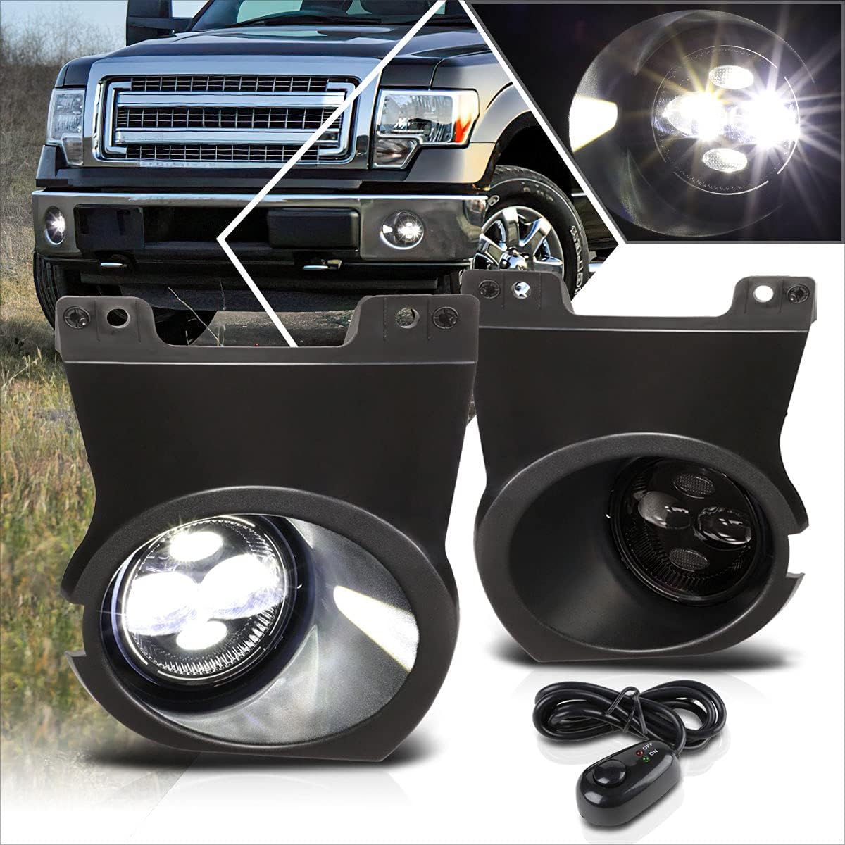 Front Bumper LED Projector Fog Lights+Swith+Bezel Compatible with 09-14 Ford F150,Clear Lens