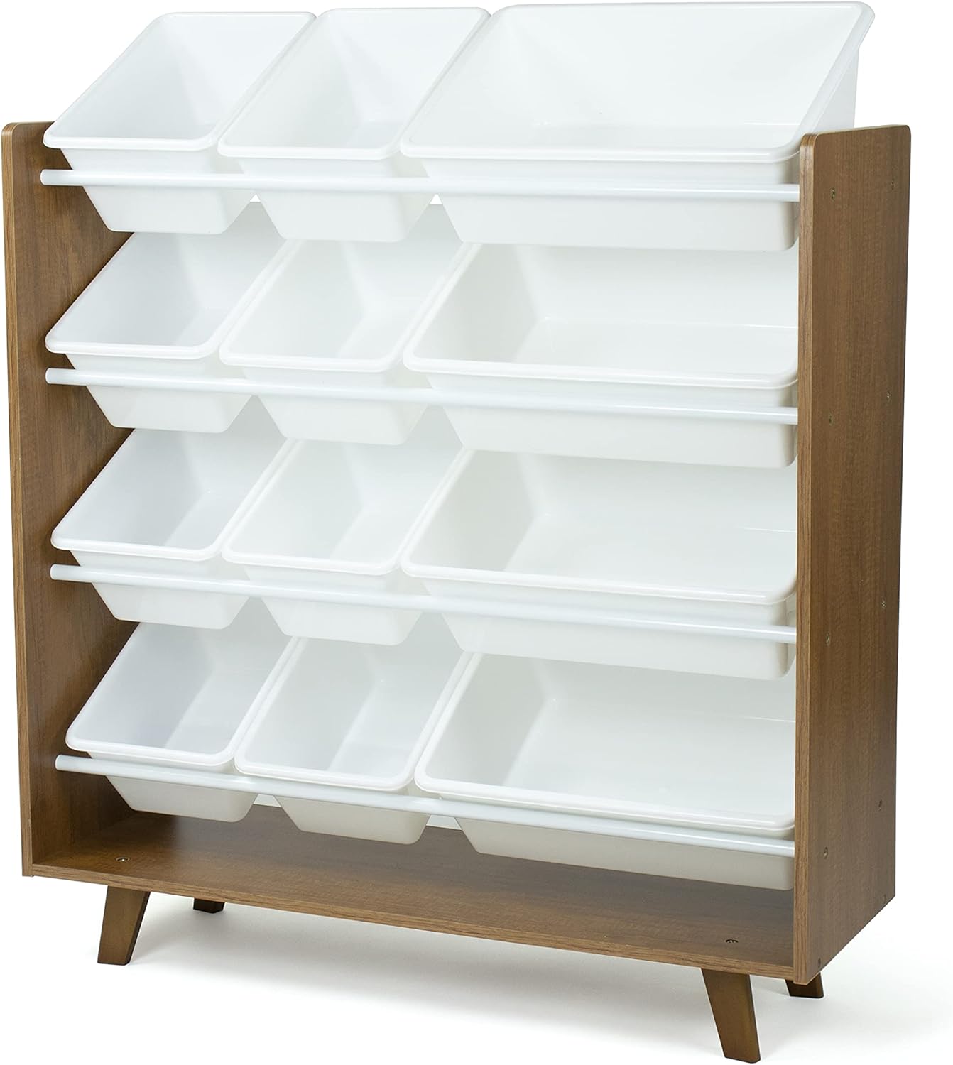 Humble Crew 12-Bin Toy Organizer – Mid-Century Modern Storage Rack with Wood Frame & White Bins, 4-Tier Kids’ Organizer with Angled Legs for Playrooms, Bedrooms & Nurseries