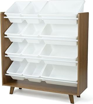 Humble Crew 12-Bin Toy Organizer Mid-Century Modern Storage Rack with Wood Frame & White Bins, 4-Tier Kids Organizer with Angled Legs for Playrooms, Bedrooms & Nurseries