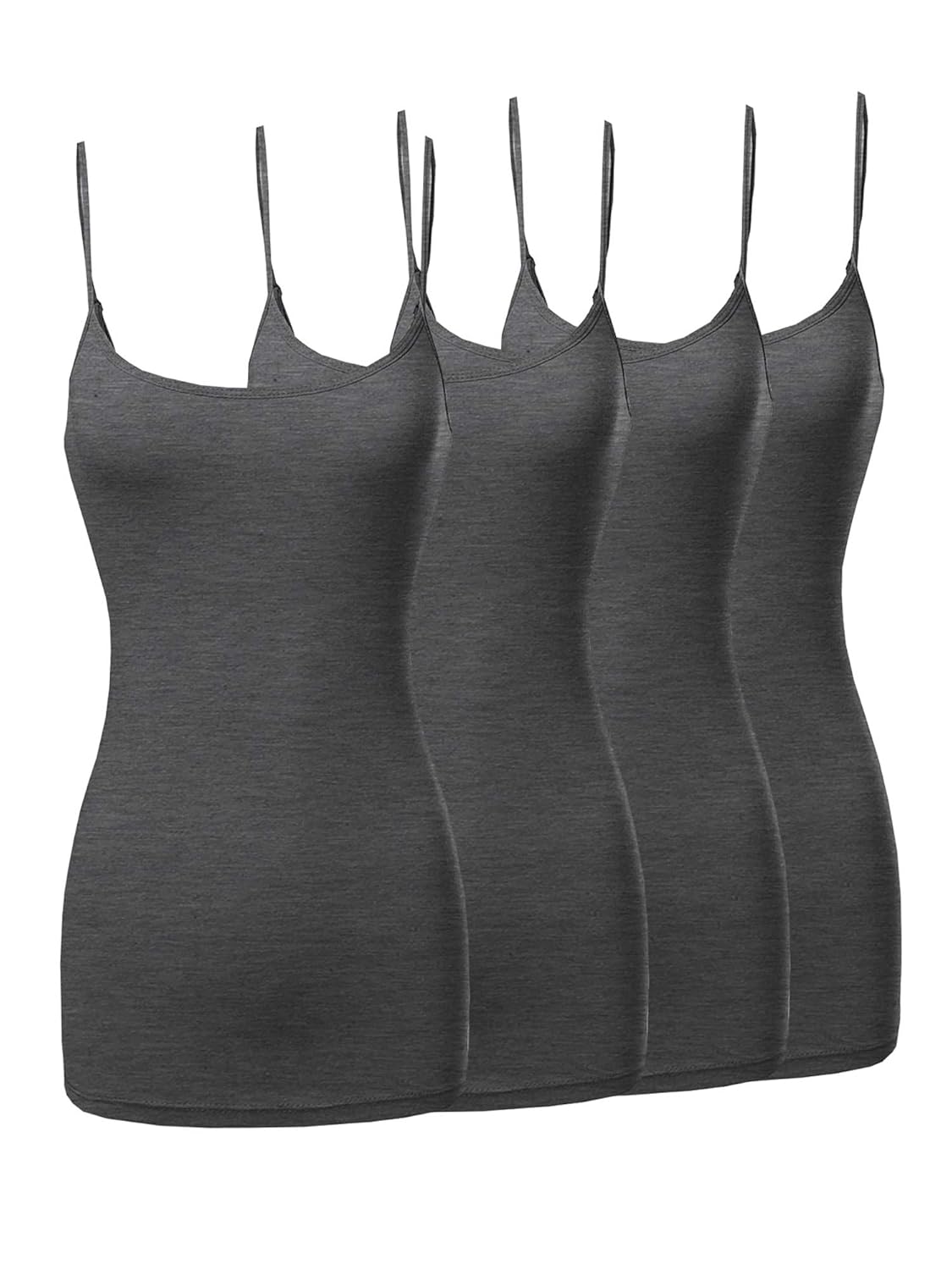 The Lovely Womens Juniors Basic Solid Long Length Adjustable Spaghetti Strap Tank Top 4PK - Charcoal Charcoal Charcoal