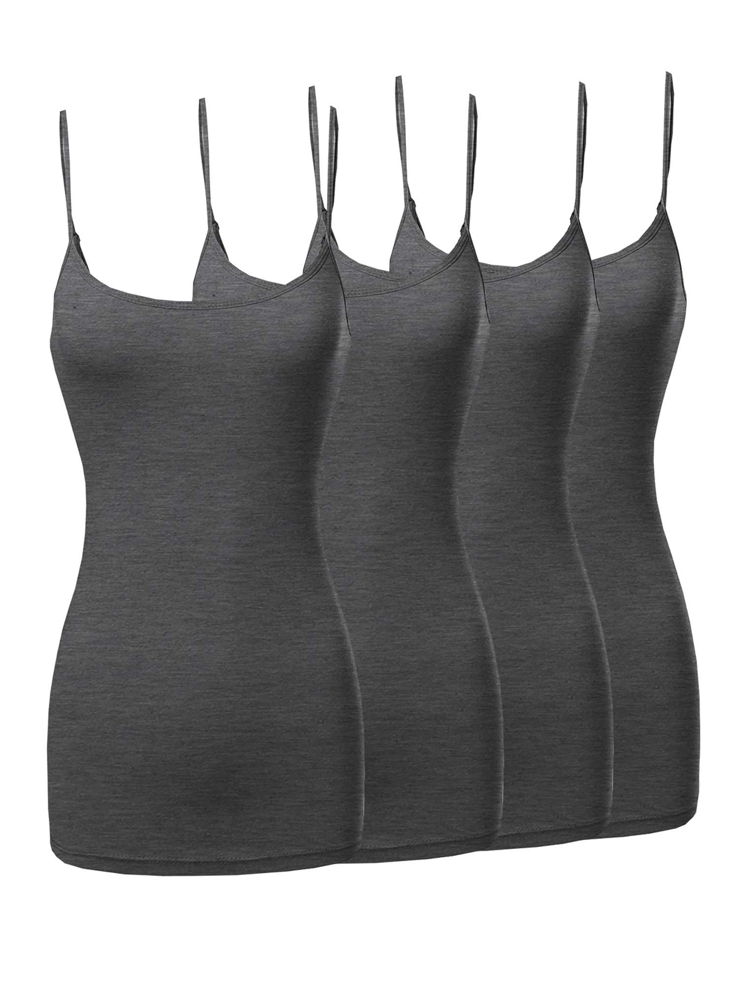 The Lovely Womens Juniors Basic Solid Long Length Adjustable Spaghetti Strap Tank Top 4PK - Charcoal Charcoal Charcoal