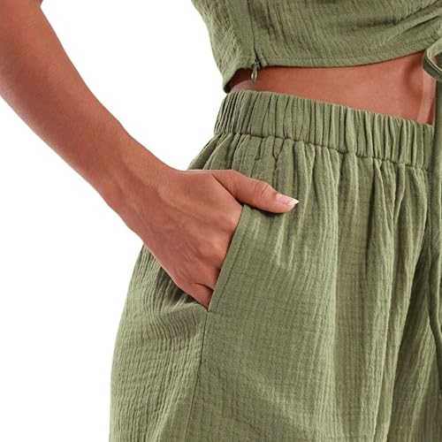 Miniatura 4 de Amazhiyu Conjunto de 2 piezas de gasa de algodón arrugado para mujer, pantalones cortos y tops de verano