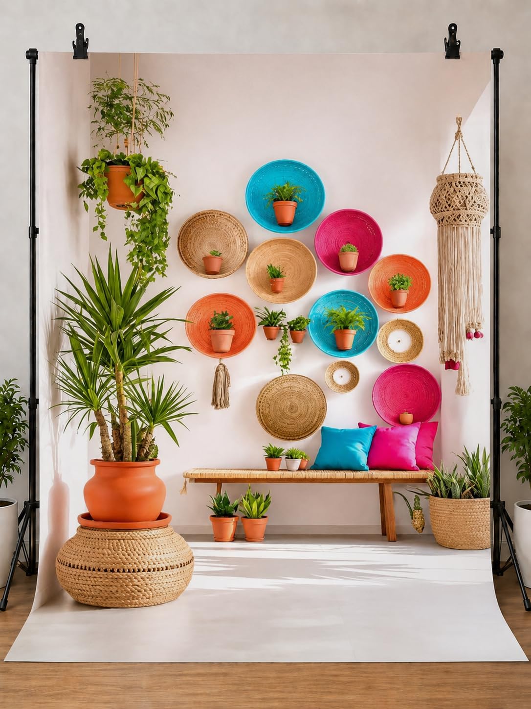 Colorful Boho Interior Photography Backdrop Cloth Wall Decor & Tropical Plants Studio Background for Fashion Portraits, Influencers, and Birthday Photoshoots Size 8Feet Height & 5Feet Width(8 * 5)-image-13