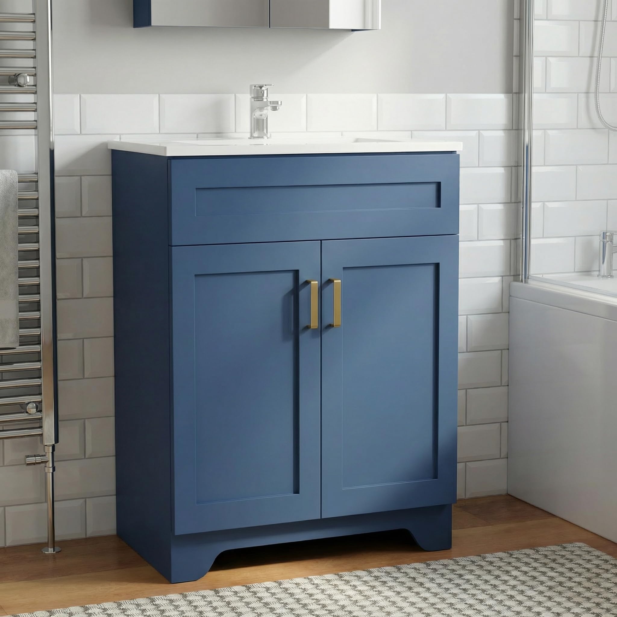 LDarqeer 600mm Bathroom Vanity Unit with Basin, Ceramic Basin, Freestanding Bathroom Sink Cabinet, Modern Shaker Design, Soft-Close Door, Single Tap Hole, Blue with Gold Metal Handles