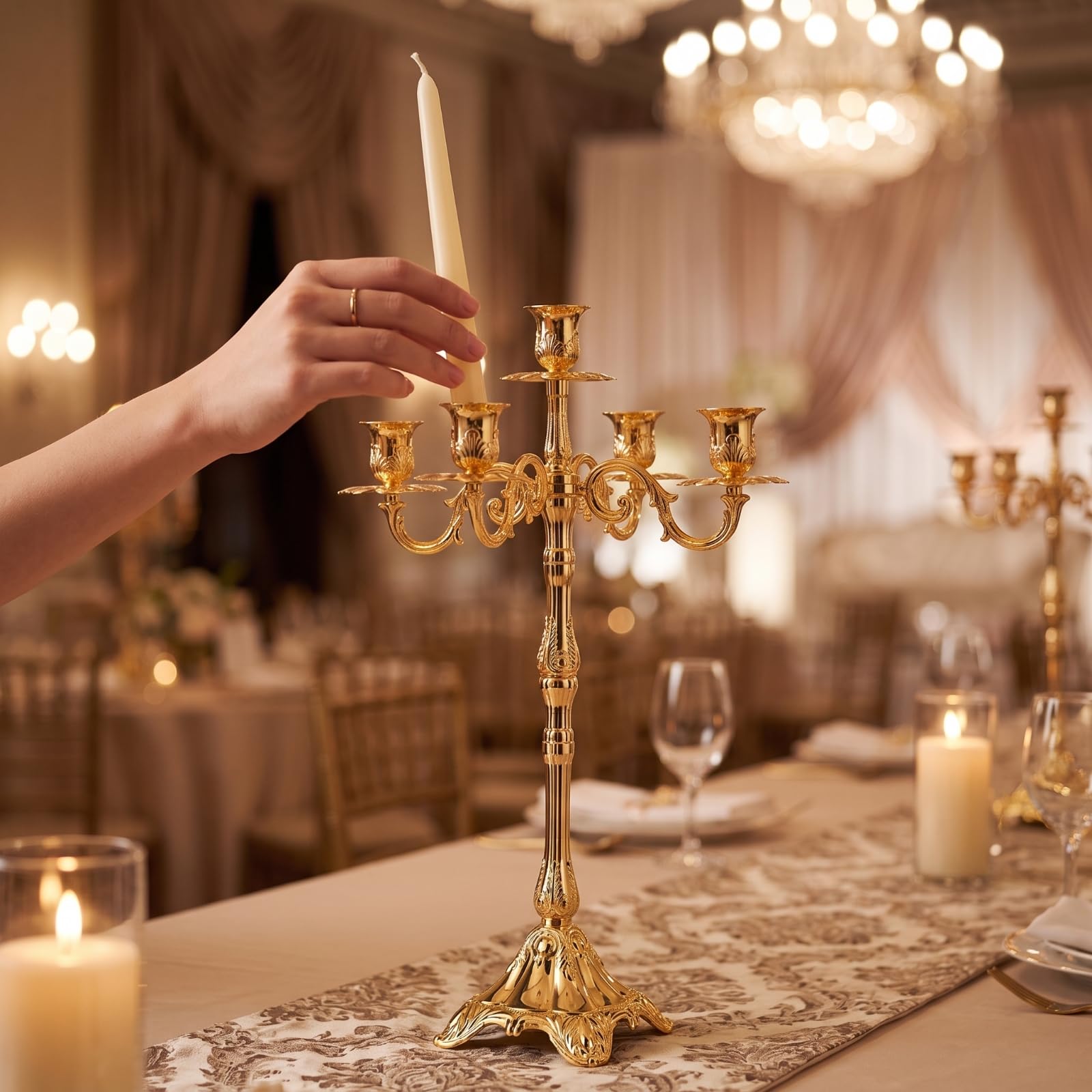 Candelabro a Cinque Braccia Elegante, Oro, 65 Cm