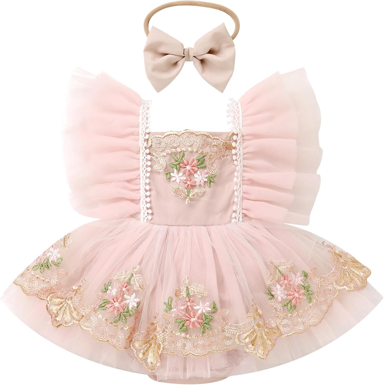 ODASDO Baby Girls First Birthday Party Dress Newborn Tulle Tutu Romper Floral Embroidery Bodysuit Cake Smash Outfit