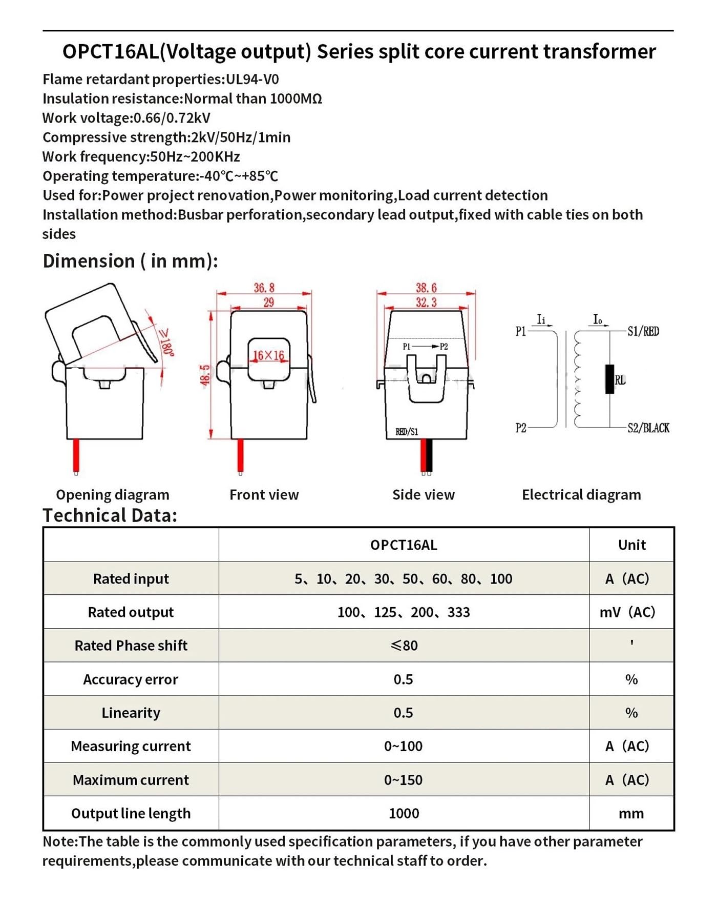 Trasformatore di corrente a nucleo diviso in frequenza OPCT16ATL 5A